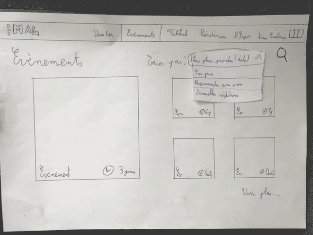 La page d'évènements, avec la sélection par catégorie intéressée.
